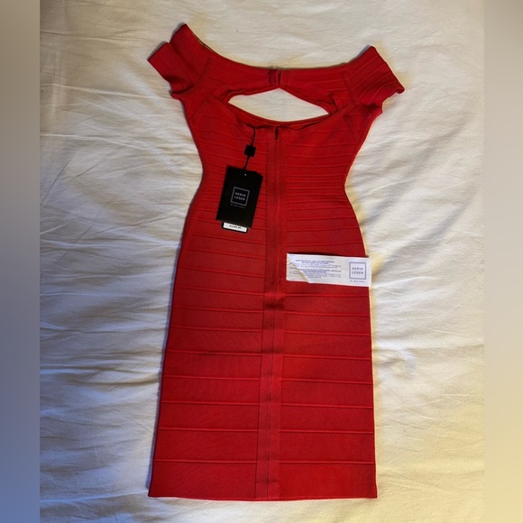 Herve Leger Red Off-Shoulder Bandage Dress - Picture 2 of 10